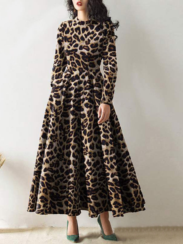 Langärmeliges Leopardenmuster Rundhalsausschnitt Kleid