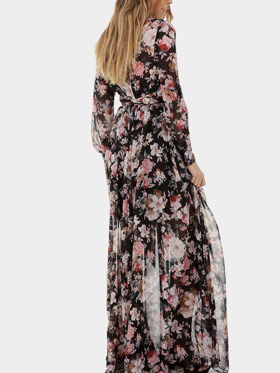 Lange Ärmel Blumen Gedruckt V-Ausschnitt Rückenfrei Kleid - CA Mode