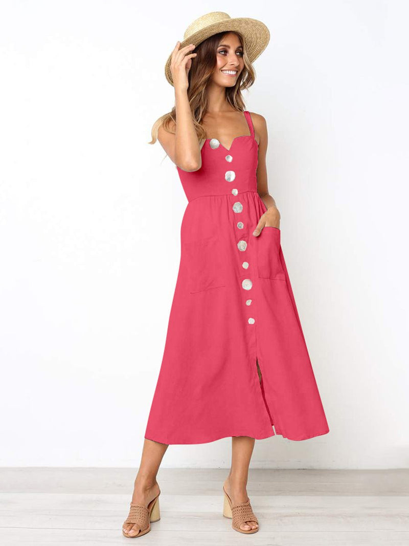 Ärmellos Rückenfrei Maxi Kleid mit Knopf - CA Mode