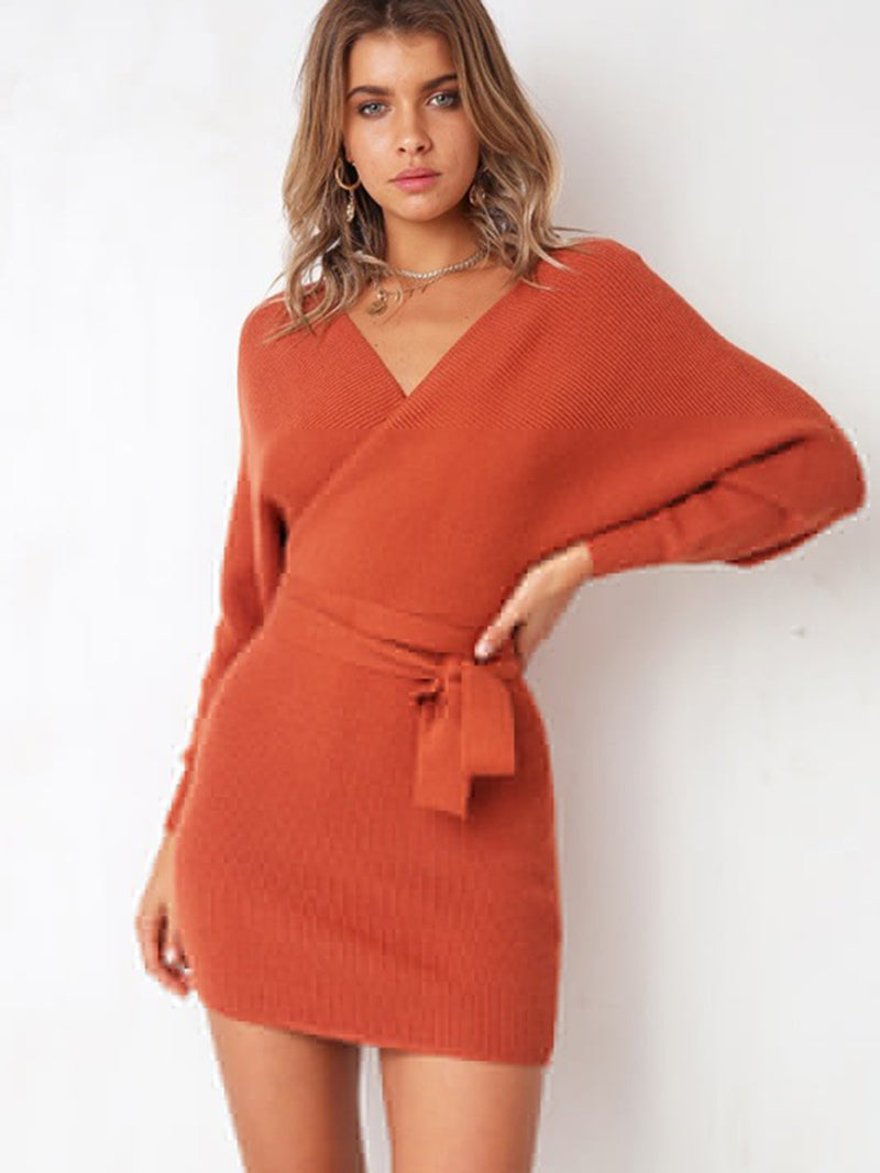 V-Ausschnitt Elegant Bodycon Pullover Kleid Orange - CA Mode