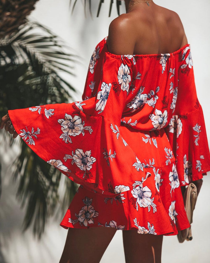 Blumen Gedruckt Weg Von Der Schulter Rot Mini Kleid - CA Mode