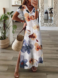 Kurzärm mit Schlitz V-Ausschnitt Blumen Kleid