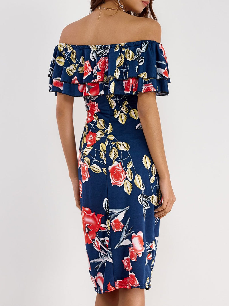 Damen Kurzarm Blumen Gedruckt Schulterfrei Kleid - CA Mode