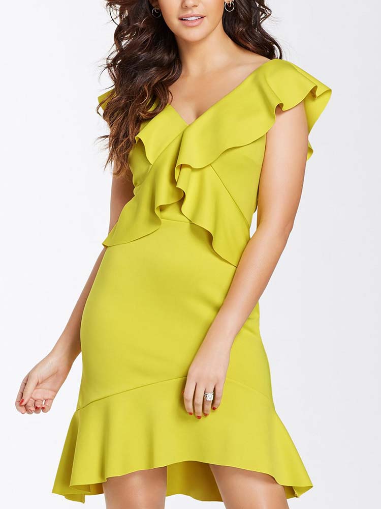 Ärmellos Sexy Büro V-Ausschnitt Rüschen Saum Kleid Gelb - CA Mode