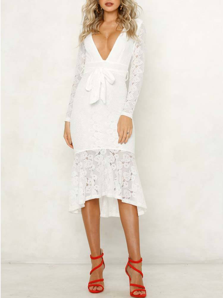 V Ausschnitt Langarm Kleid Partykleid Cocktailkleid Weiß - CA Mode
