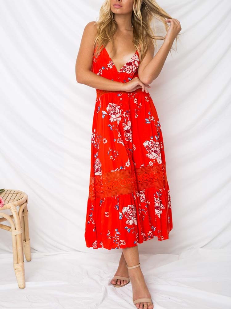 Damen Ärmellos Blumen Gedruckt V-Ausschnitt Kleid Rot - CA Mode