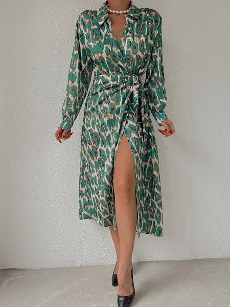 Women's Dresses Leopard Print Lapel Tie Long Sleeve Slit Dress
