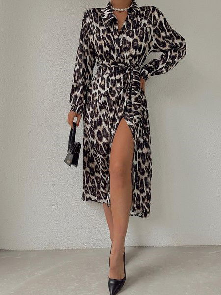 Women's Dresses Leopard Print Lapel Tie Long Sleeve Slit Dress