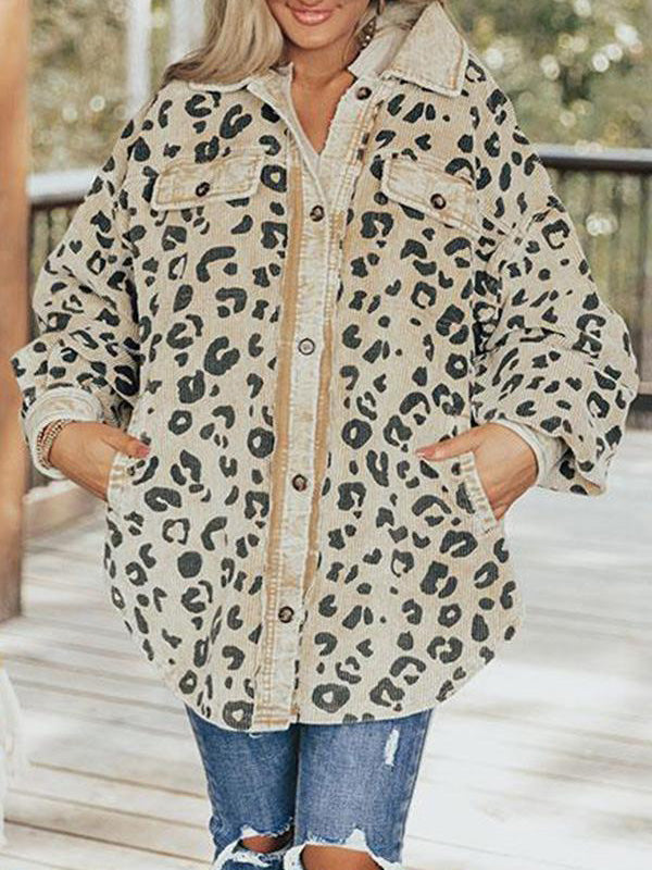 Women's Jackets Leopard Print Pocket Button Long Sleeve Jacket