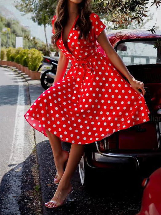 Women's Dresses Polka Dot Print V-Neck Short Sleeve Dress