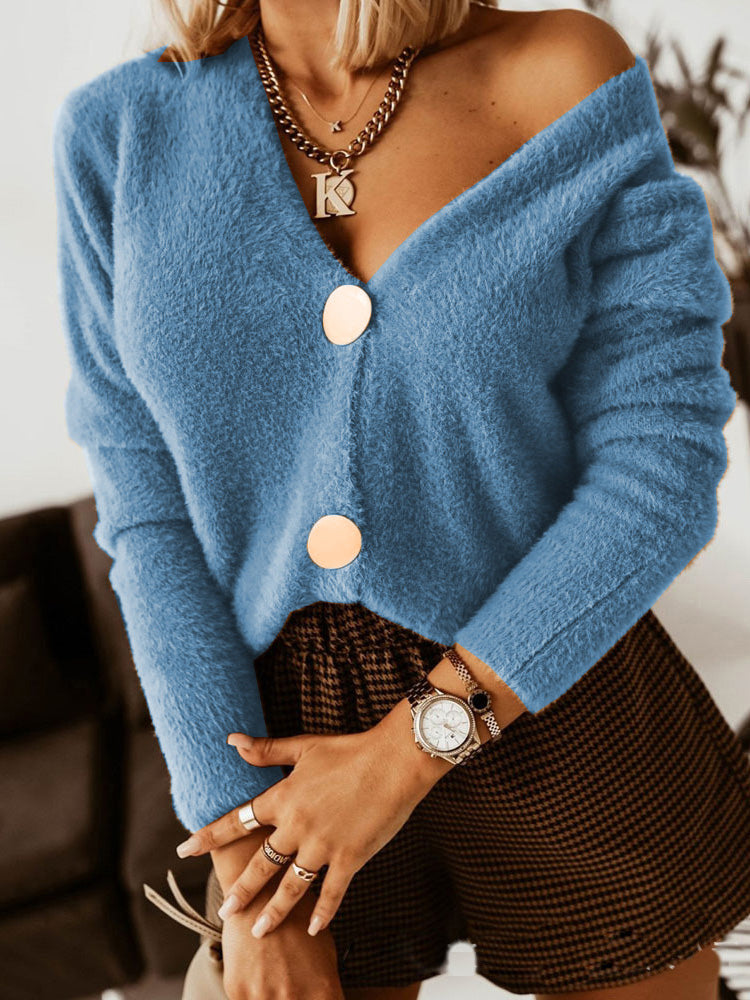 Women's Sweaters Solid Fur Button Long Sleeve Sweater