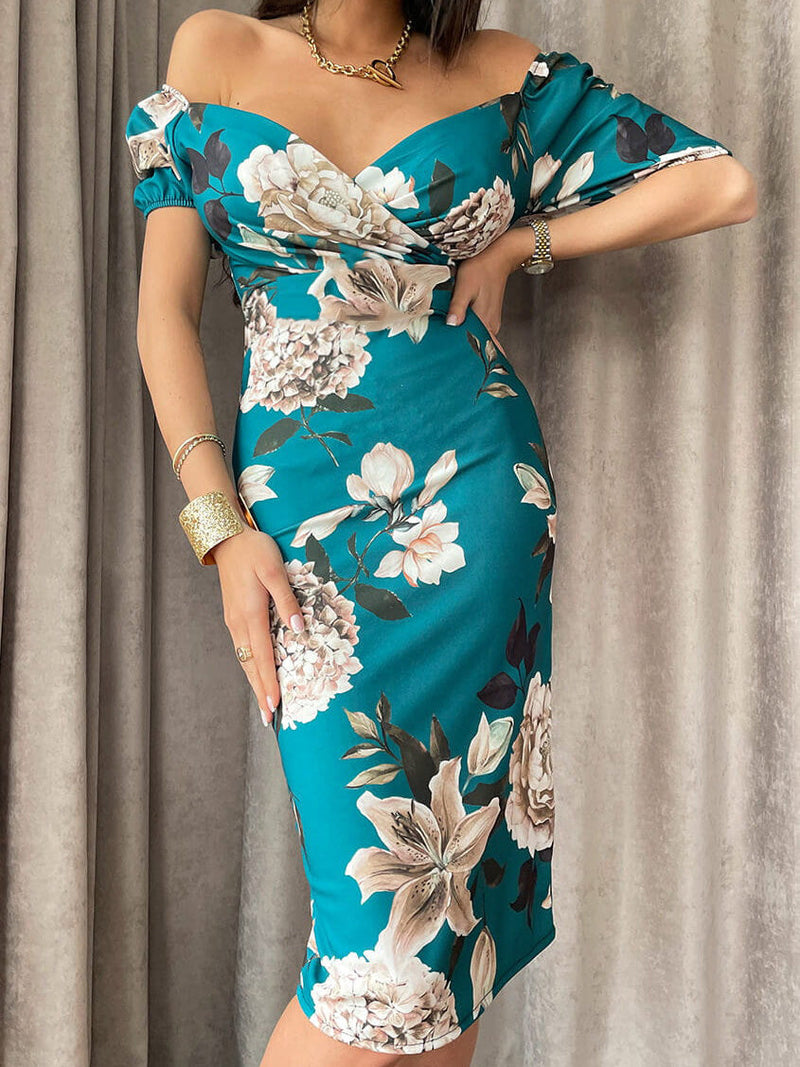 Damen Schlankes mit V-Ausschnitt Blumen Muster Kleid