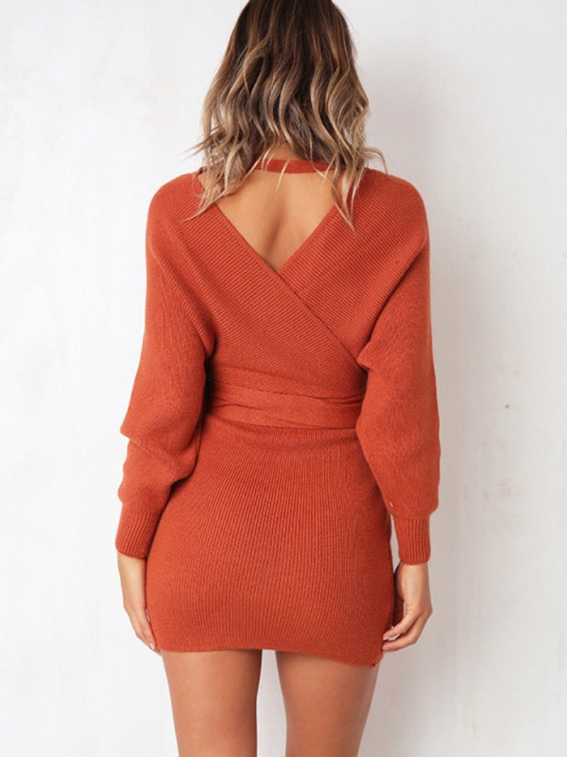 V-Ausschnitt Elegant Bodycon Pullover Kleid Orange - CA Mode
