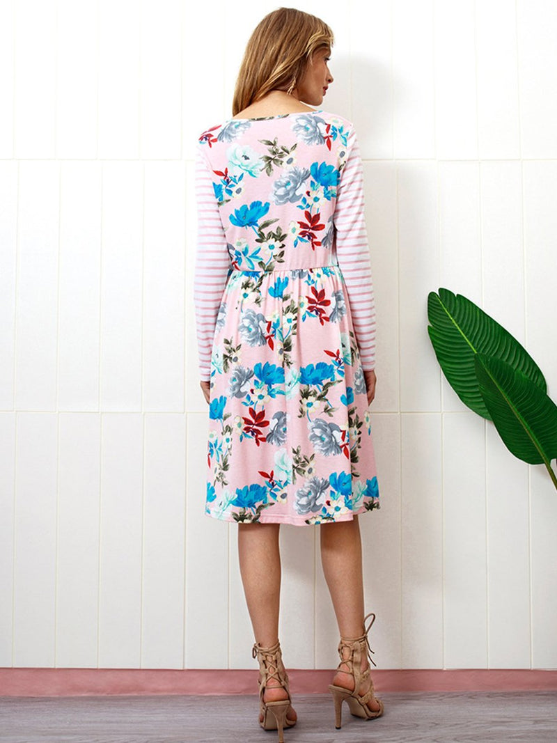 Bohemian Blumen Gedruckt Lange Ärmel Kleid Pink - CA Mode
