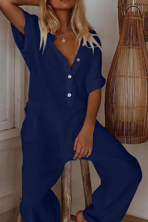 Solid Button Pockets Loose Jumpsuits