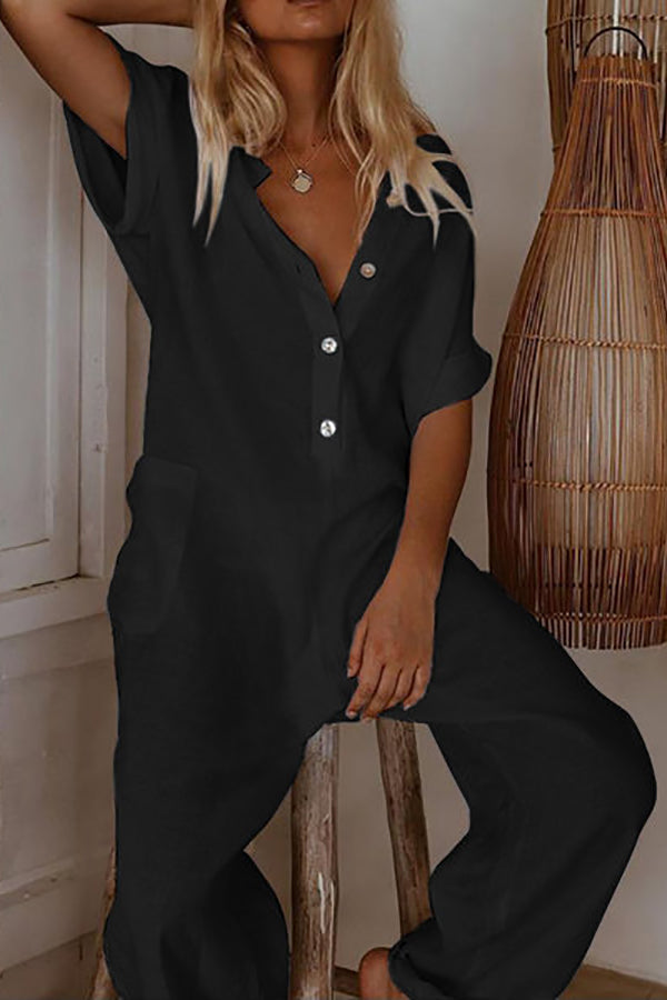 Solid Button Pockets Loose Jumpsuits