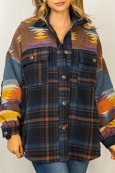 Plaid Aztec Patchwork Pockets Shacket