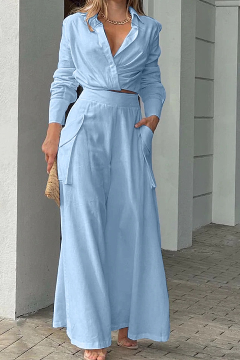 Button Cross Wrap Blouse Wide Leg Pants Set