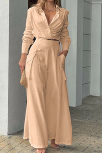 Button Cross Wrap Blouse Wide Leg Pants Set