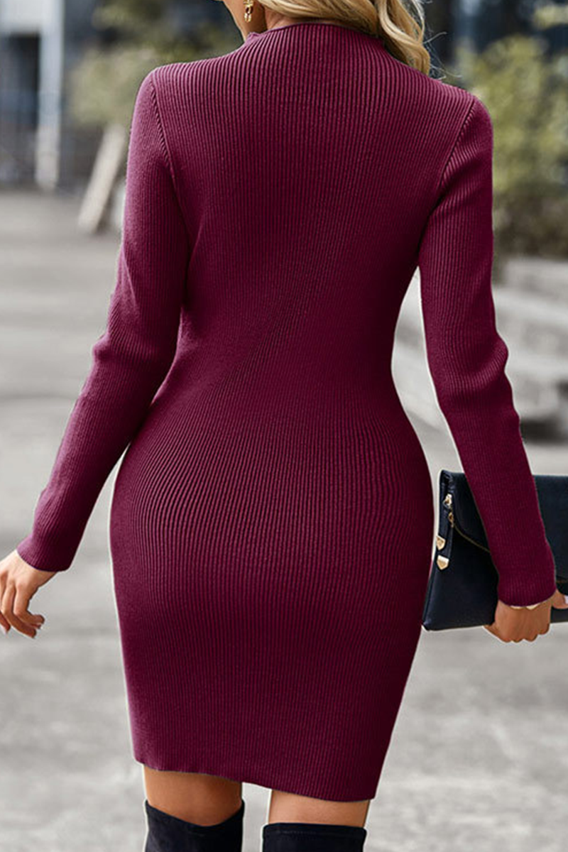 Casual Solid Hollowed Out Half A Turtleneck Pencil Skirt Dresses