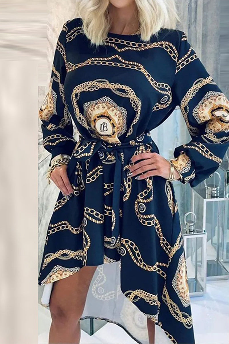 Fashion Elegant Print With Belt O Neck Asymmetrical Dresses