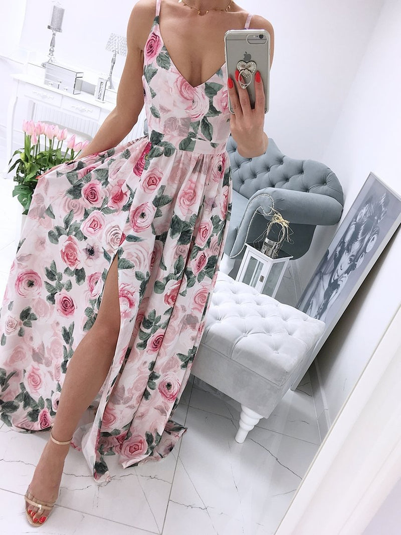 Ärmellos Blumen Gedruckt V-Ausschnitt Maxi Kleid