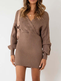 Cross V Neck Long Sleeve Knitted Sweater Dress