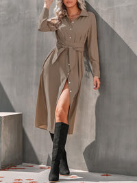 Button Down Collar Long Sleeve Midi Dress