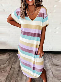 Casual V Neck Short Sleeve Color Block Dress