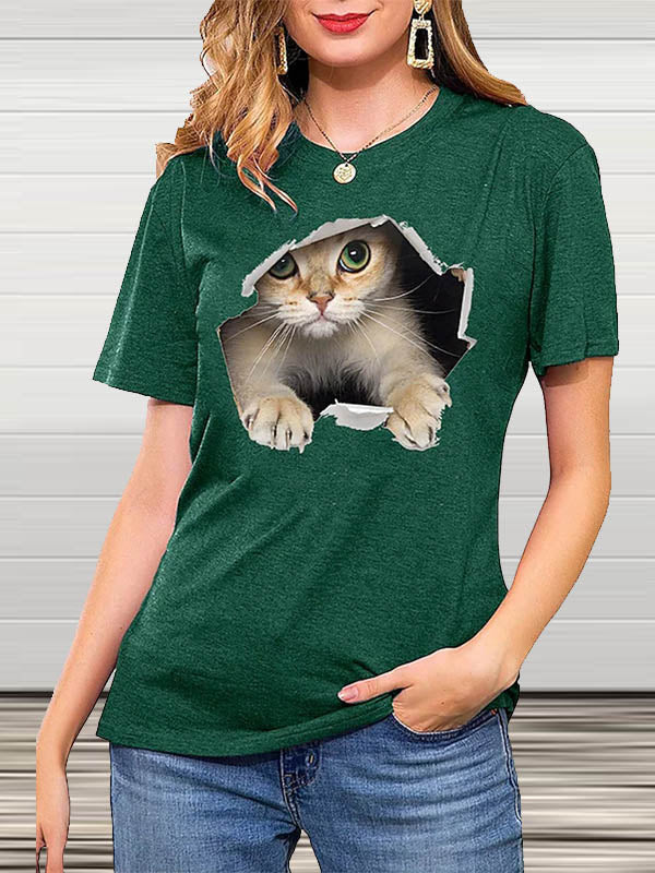 Rundhals Kurzarm Katzen Gedruckt T-Shirt