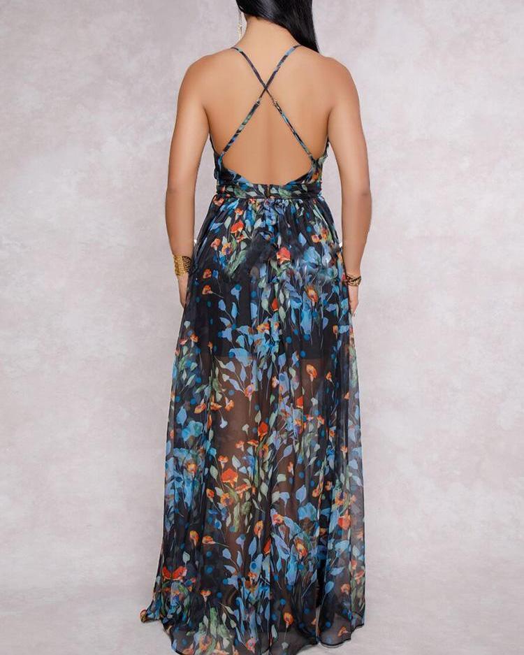Blumen Gedruckt V-Ausschnitt Rückenfrei Maxi Kleid