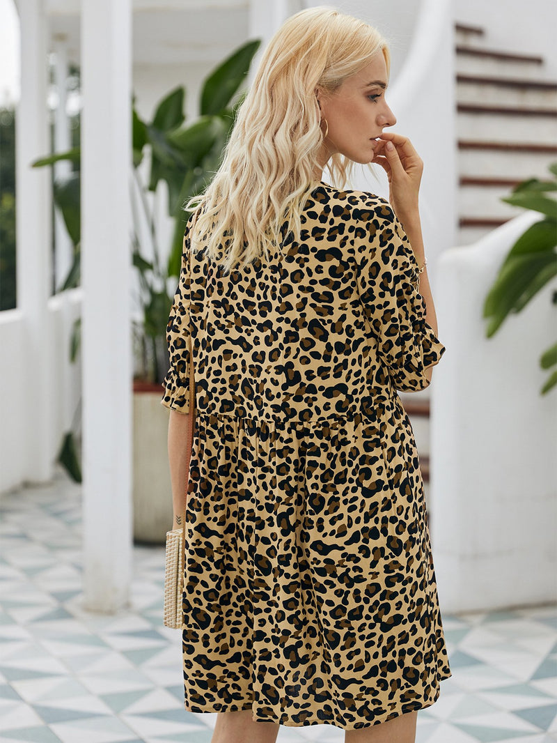 Leopardenmuster Kurzarm V-Ausschnitt Mini Kleid