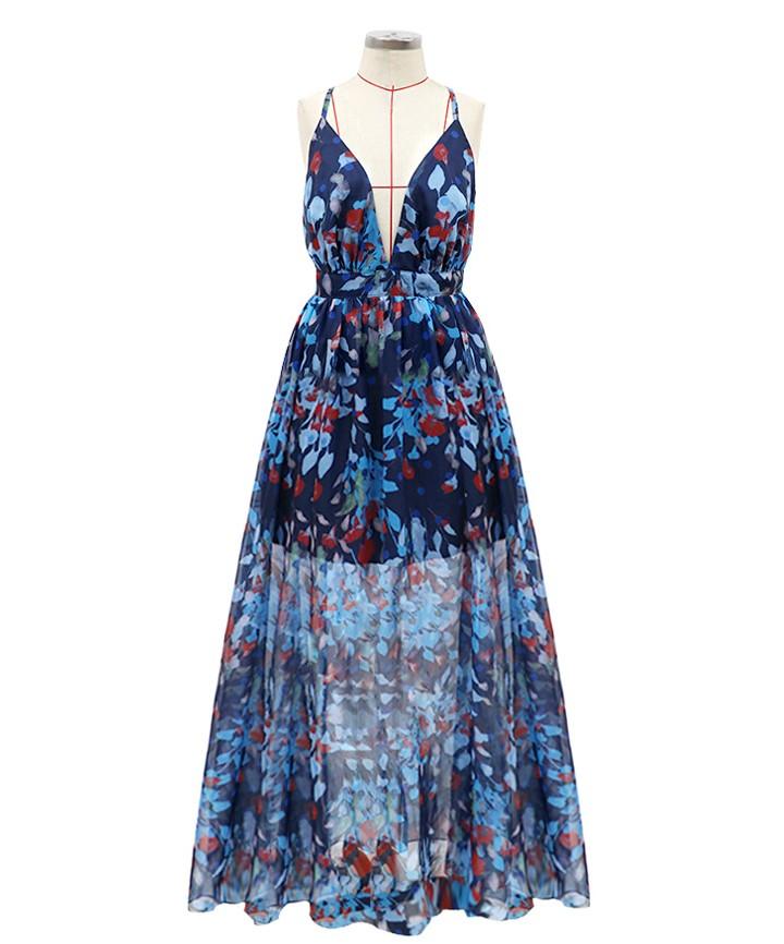 Sommer Tiefer V-Ausschnitt Maxi Kleid