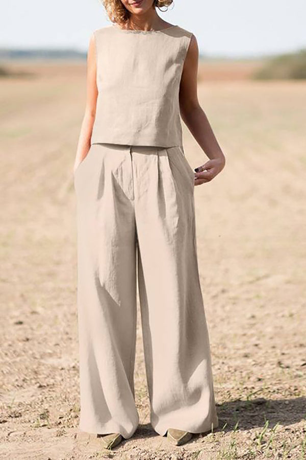 Solid Sleeveless Blouse Pants Set