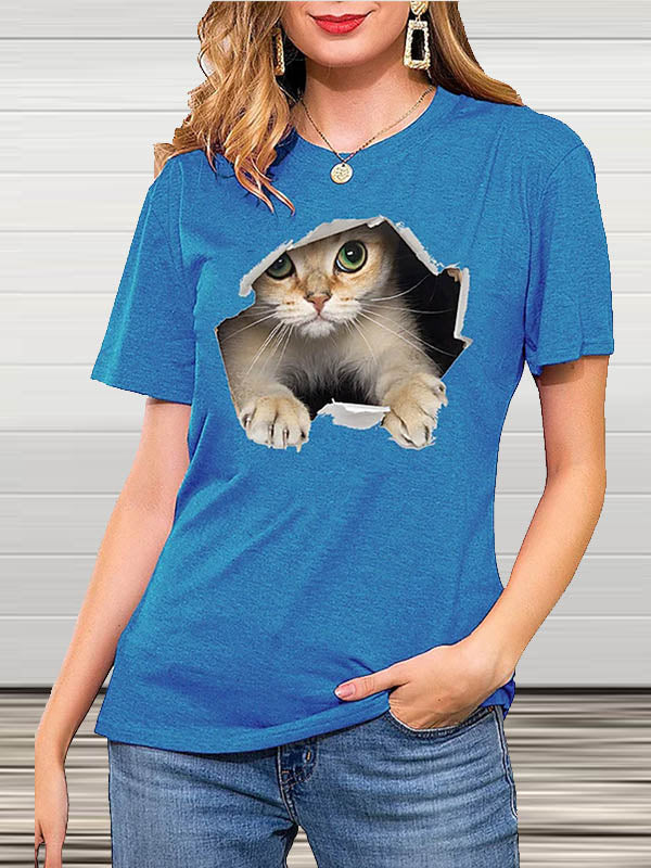 Rundhals Kurzarm Katzen Gedruckt T-Shirt