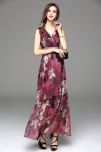 Ärmellos Blumen Gedruckt V-Ausschnitt Elegant Maxi Kleid - CA Mode
