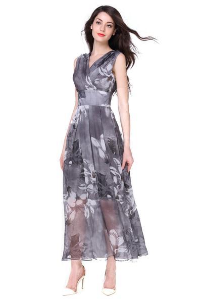 Ärmellos Blumen Gedruckt V-Ausschnitt Elegant Maxi Kleid - CA Mode