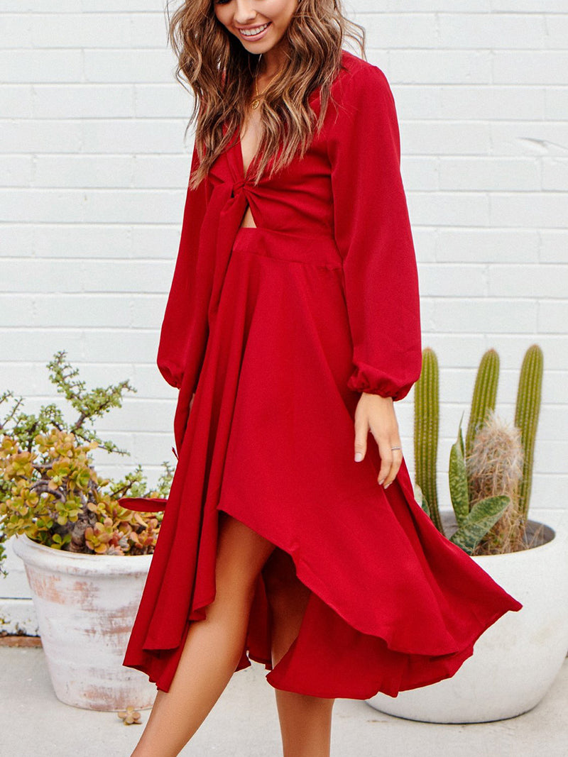 Tiefer V-Ausschnitt Lange Ärmel Gürtel Kleid Rot