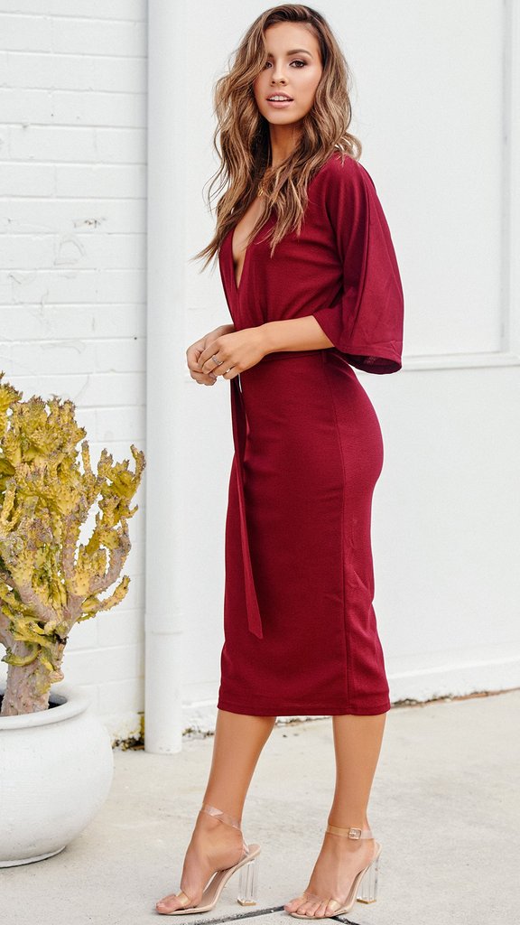 Damen Rot V-Ausschnitt Casual Kleid