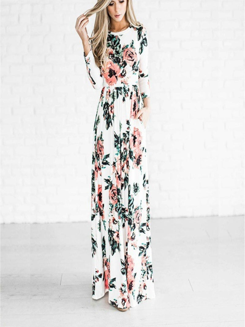 Lange Ärmel Blumen Gedruckt Beiläufig Maxi Kleid - CA Mode