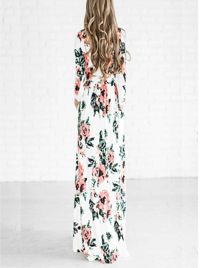 Lange Ärmel Blumen Gedruckt Beiläufig Maxi Kleid - CA Mode