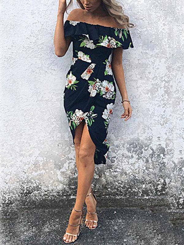 Damen Kurzarm Blumen Gedruckt Schulterfrei Midi Kleid - CA Mode