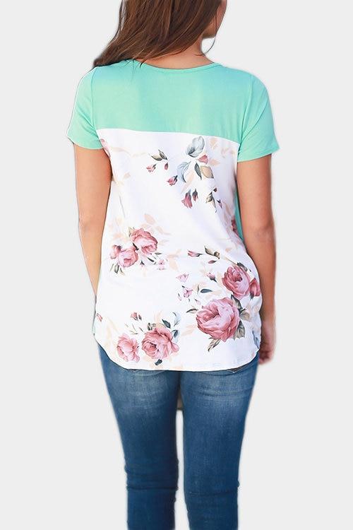 Damen Kurzarm Blumen Gedruckt U-Ausschnitt T-shirt - CA Mode