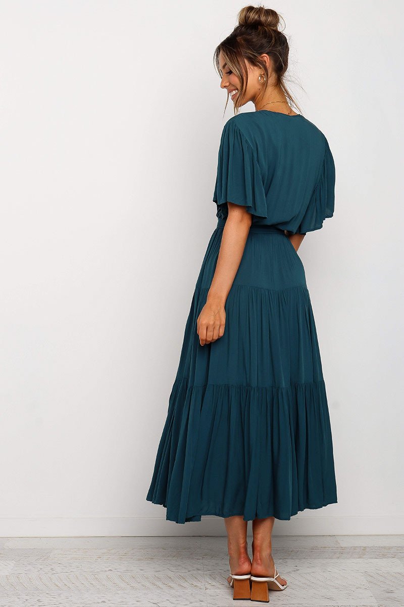 Kurzarm V-Ausschnitt Maxi Kleid