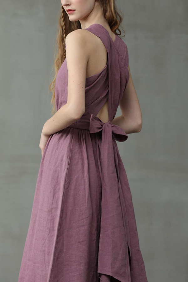 Cross Back O Neck Maxi Linen Dress