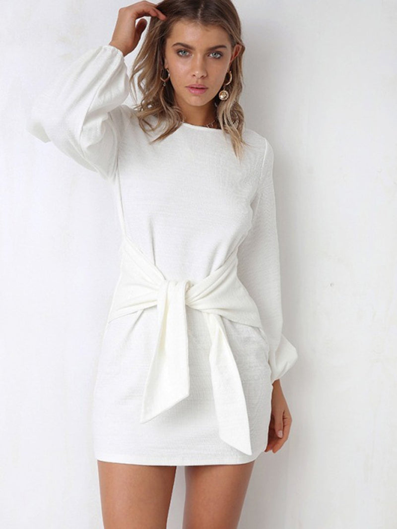 Casual Bodycon Lange Ärmel Mini Kleid Weiß - CA Mode