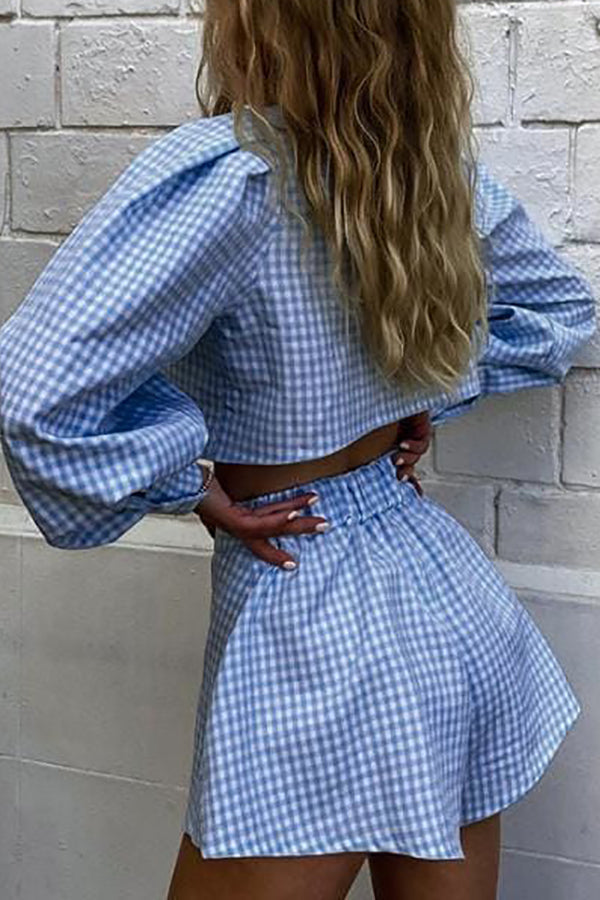 Plaid Button Crop Shirt Shorts Set