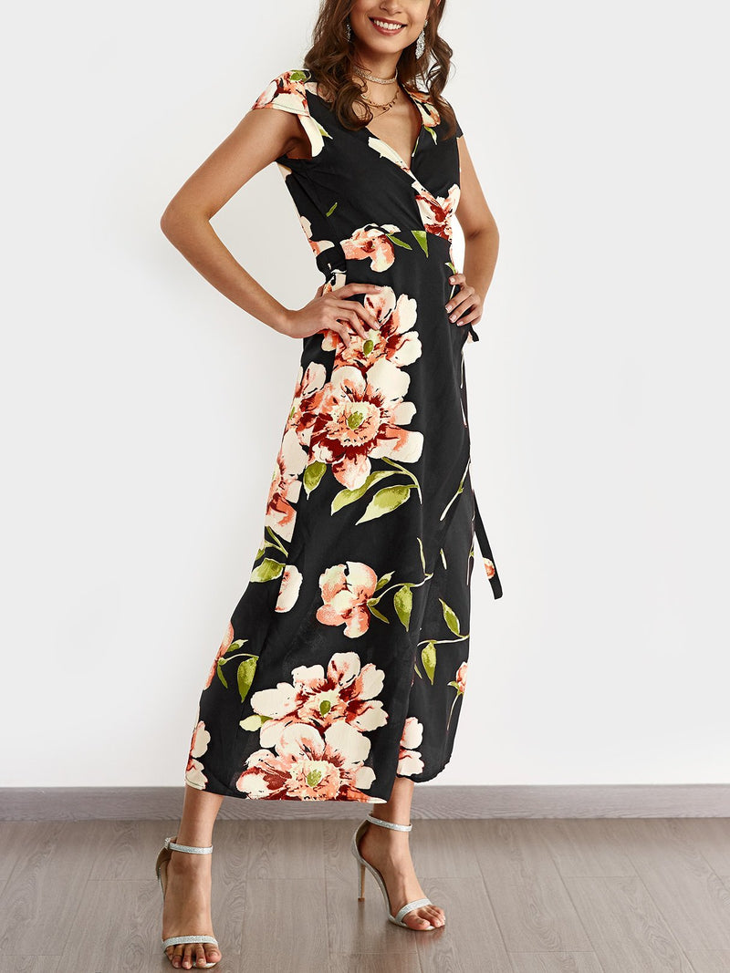 Kurzarm Blumen Gedruckt V-Ausschnitt Maxi Kleid - CA Mode