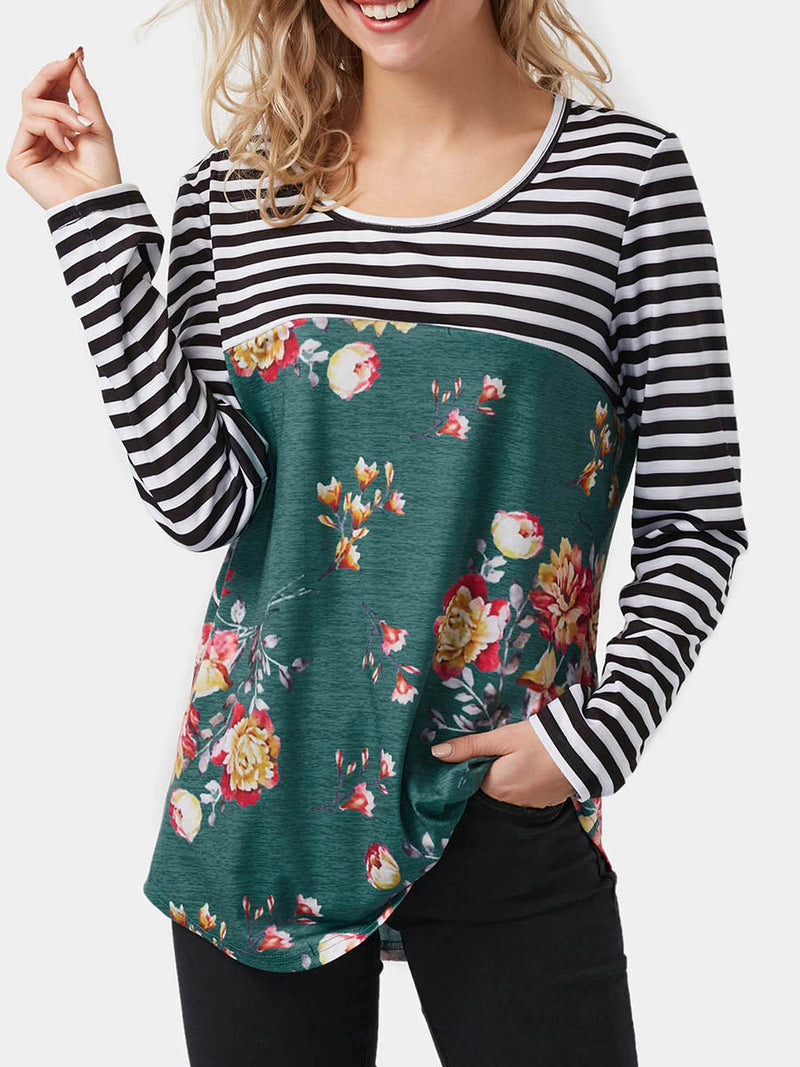 Lange Ärmel Blumen Gedruckt Streifen T-shirt - CA Mode
