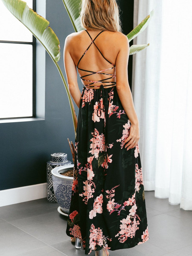 Blumen Gedruckt V-Ausschnitt Rückenfrei Maxi Kleid - CA Mode